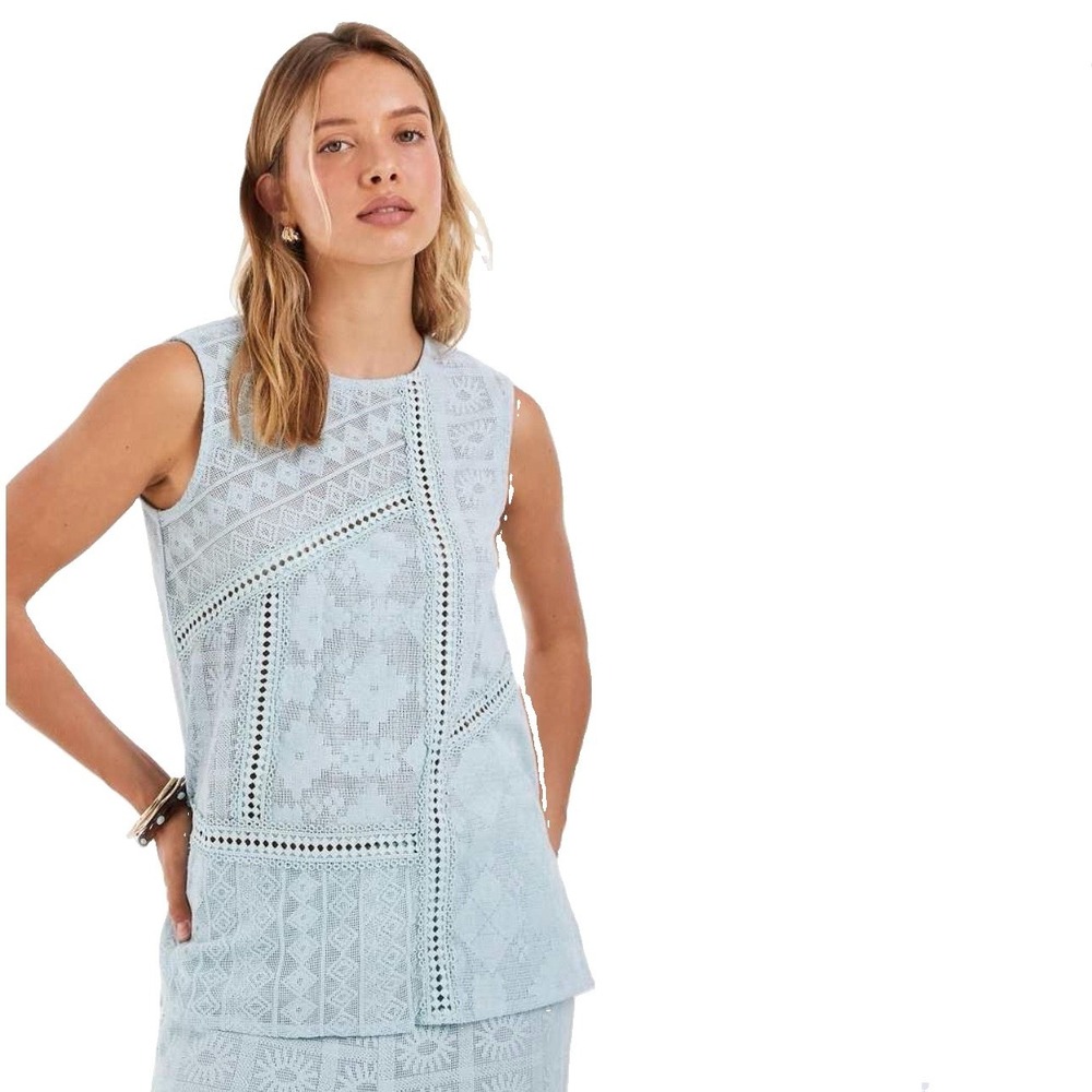 Object Bohemian Crochet Lace Patchwork Top XL Sky Blue Minimalist Fairy Indie